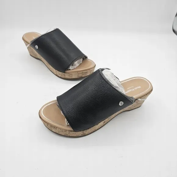 NIB Hush Puppies Maya Womens Black Leather Slip On Wedge Heel Sandals Size 8
