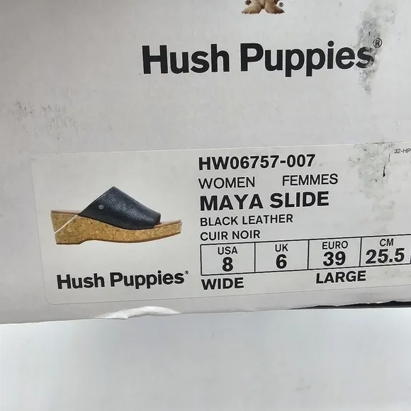 NIB Hush Puppies Maya Womens Black Leather Slip On Wedge Heel Sandals Size 8