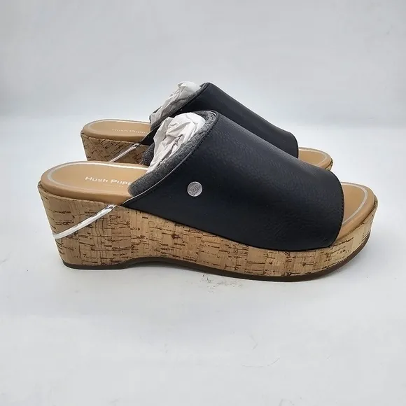 NIB Hush Puppies Maya Womens Black Leather Slip On Wedge Heel Sandals Size 8