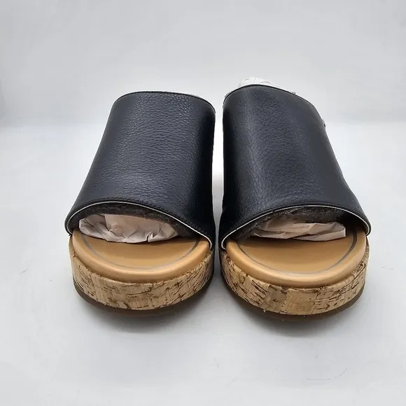 NIB Hush Puppies Maya Womens Black Leather Slip On Wedge Heel Sandals Size 8