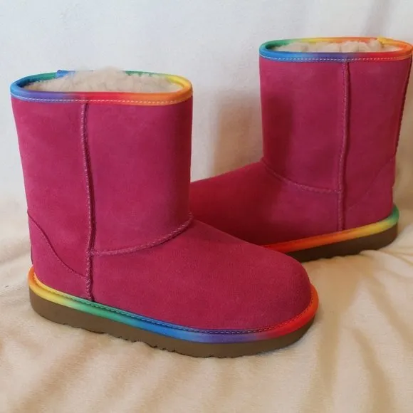 NIB UGG GIRL'S RAINBOW SUEDE‎ SHEARLING BOOTS FUSCHIA PINK PURPLE