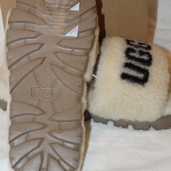 NIB UGG‎ WOMEN'S COZETTA CURLY SHEARLING LOGO SLIPPER SANDALS NATURAL BLA…