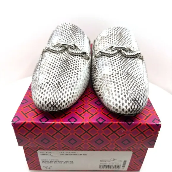 NIB with dust bag TORY BURCH Jessa Backless Loafer Stamped Snake Leather 7.5