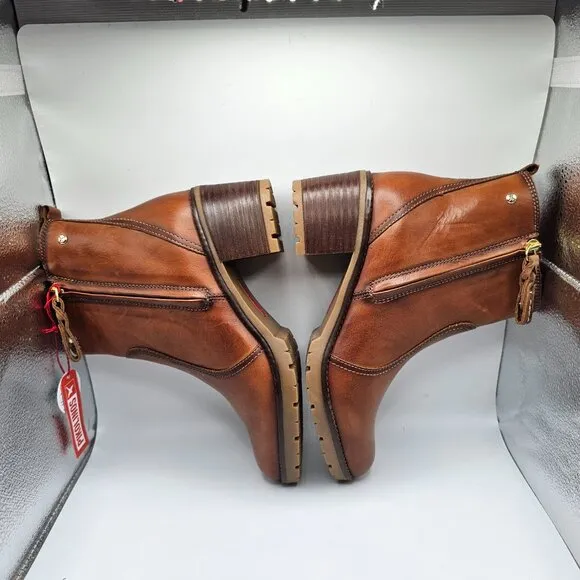 NIB Women's Pikolinos Llanes Leather Boots Side Zip Brandy Size EU 38 US 7.5-8