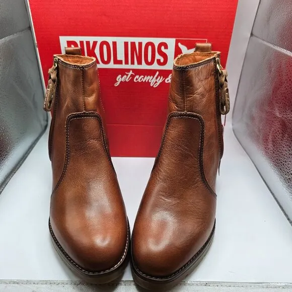 NIB Women's Pikolinos Llanes Leather Boots Side Zip Brandy Size EU 38 US 7.5-8