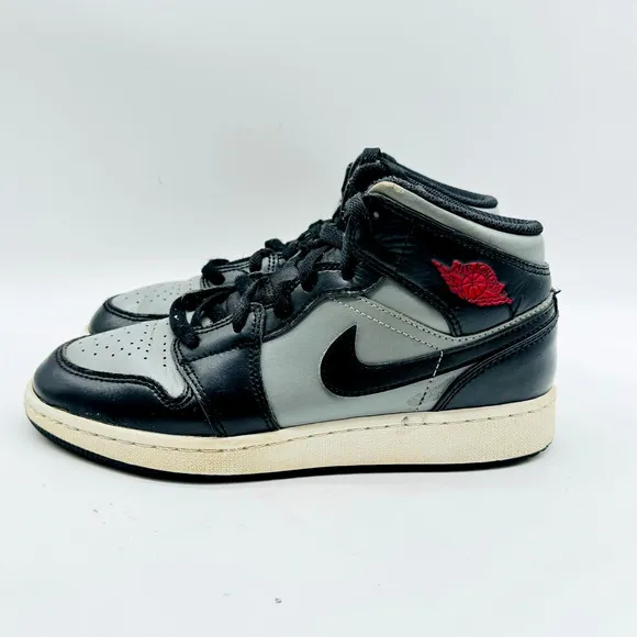 Nike Boys Air Jordan 1 Mid Boys 5Y Black Gray Red Boys Basketball Shoes Sneakers