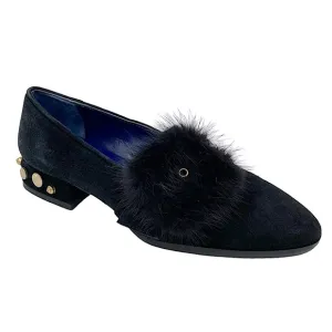 NWOB Valentina Rangoni Black Suede Loafers with Mink Trim and Studded Heel - Sz