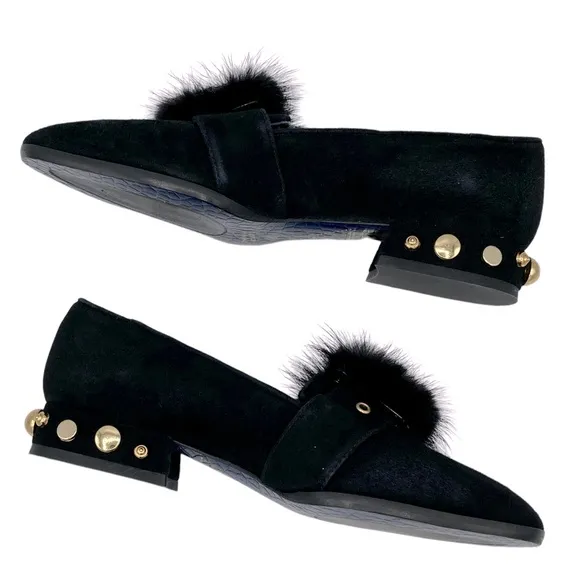 NWOB Valentina Rangoni Black Suede Loafers with Mink Trim and Studded Heel - Sz