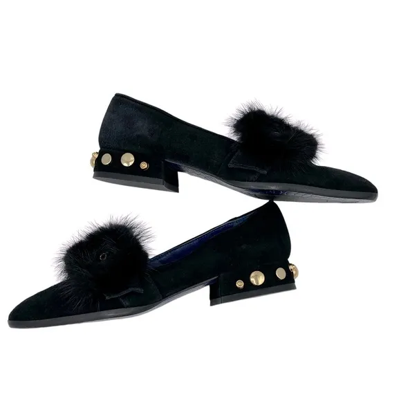NWOB Valentina Rangoni Black Suede Loafers with Mink Trim and Studded Heel - Sz