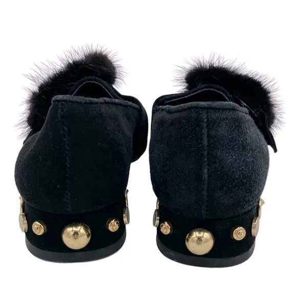NWOB Valentina Rangoni Black Suede Loafers with Mink Trim and Studded Heel - Sz