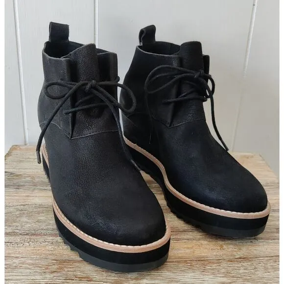 NWOT EILEEN FISHER Capa Wedge Boots Booties Sz 6 M Black Nubuck Leather Lace Up