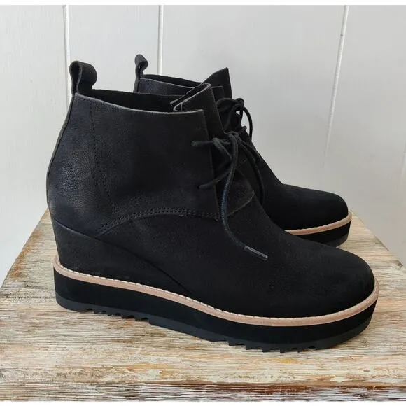 NWOT EILEEN FISHER Capa Wedge Boots Booties Sz 6 M Black Nubuck Leather Lace Up