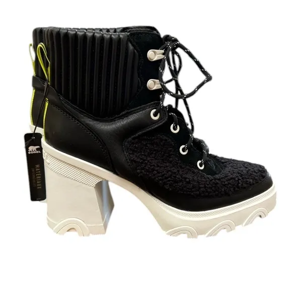 NWOT Sorel Brex Heel Cozy Lace Up Waterproof Boots Black/Sea Salt - Sz 9