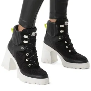 NWOT Sorel Brex Heel Cozy Lace Up Waterproof Boots Black/Sea Salt - Sz 9