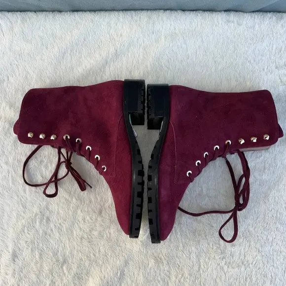 NWOT Stuart Weitzman Norrie Suede Lace Up Combat Boots US 5.5D Red Maroon Moto