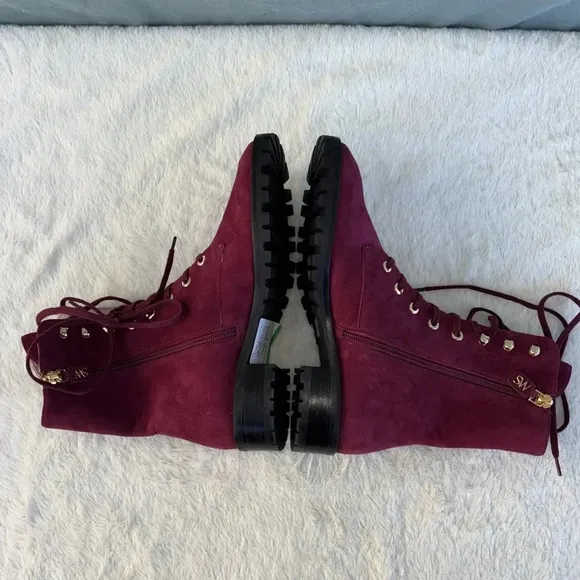 NWOT Stuart Weitzman Norrie Suede Lace Up Combat Boots US 5.5D Red Maroon Moto