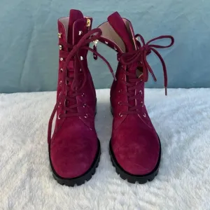 NWOT Stuart Weitzman Norrie Suede Lace Up Combat Boots US 5.5D Red Maroon Moto