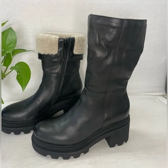 NWOT Voile Blanche Shearling Cuff LeatherMoto Boots Lug‎ Sole Size 37