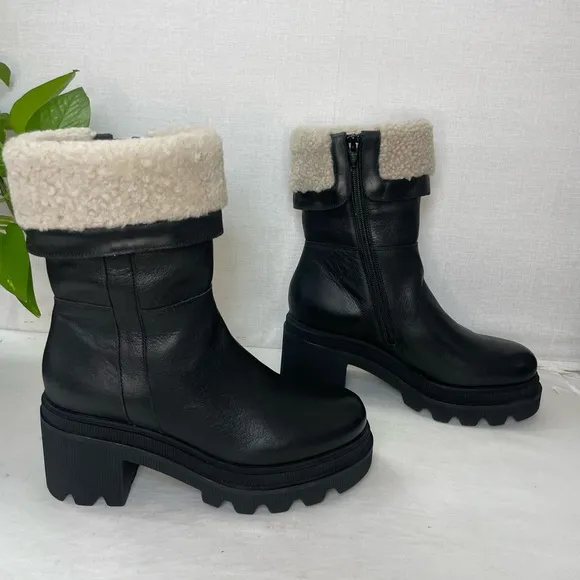 NWOT Voile Blanche Shearling Cuff LeatherMoto Boots Lug‎ Sole Size 37