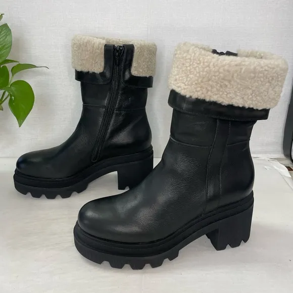 NWOT Voile Blanche Shearling Cuff LeatherMoto Boots Lug‎ Sole Size 37