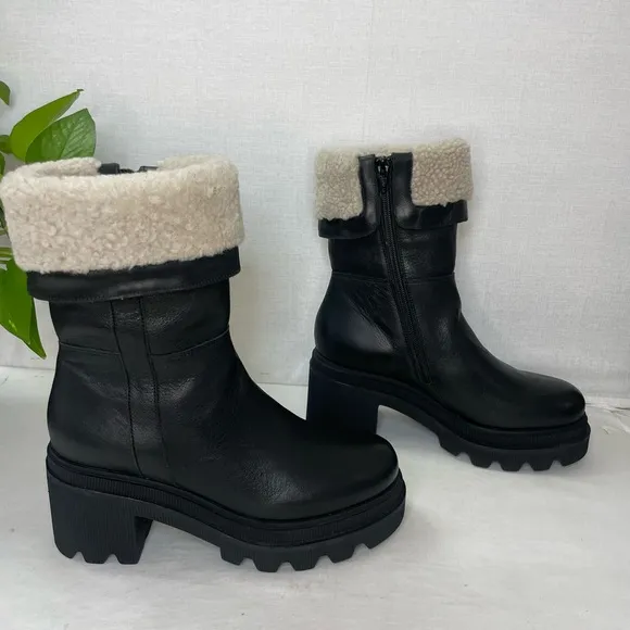 NWOT Voile Blanche Shearling Cuff LeatherMoto Boots Lug‎ Sole Size 37