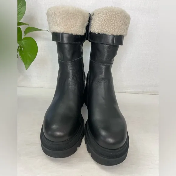 NWOT Voile Blanche Shearling Cuff LeatherMoto Boots Lug‎ Sole Size 37
