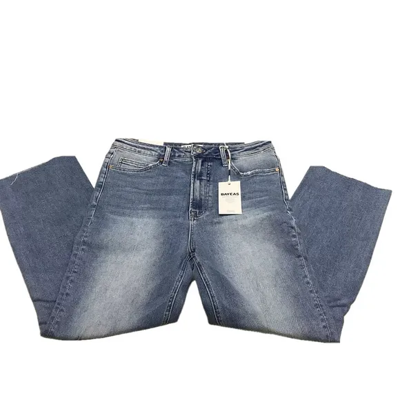 NWT BAYEAS Women's Jeans High Rise Slim Straight W/ Raw Hem Size 30 Blue