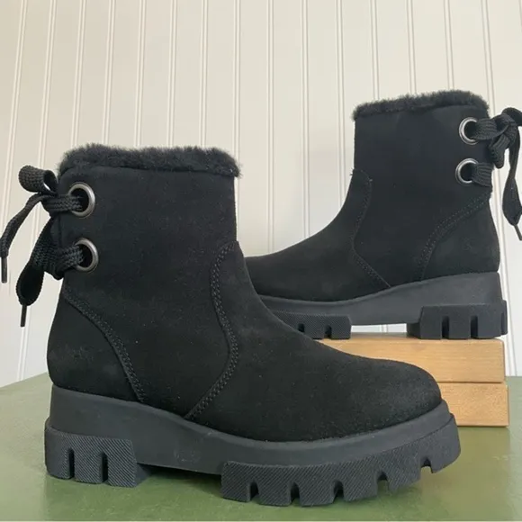 NWT Bos. &amp; Co. CACHET Waterproof Wool Lined Lace-Back Boots in Black Suede