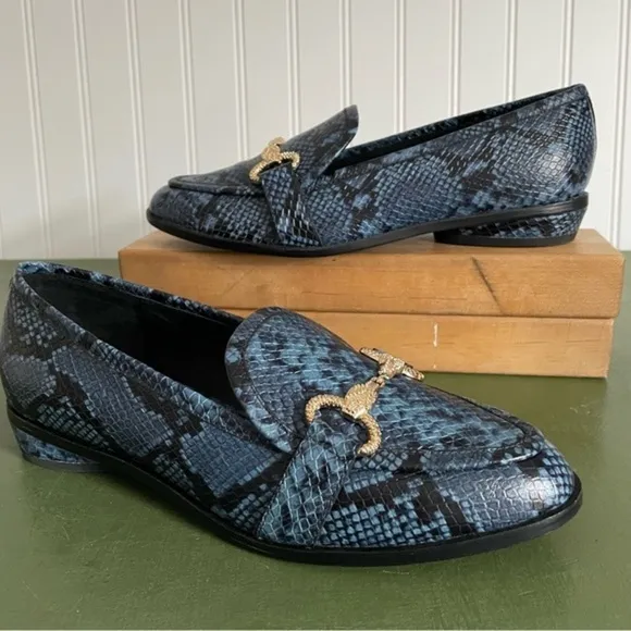 NWT Cecelia NY FENTON Loafers w Horsebit Deco in Blue &amp; Black Snake Leather