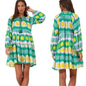 NWT Oliphant Balloon Sleeve Short Dress in Green &amp; Pink Ikat, Silk Blend XXS