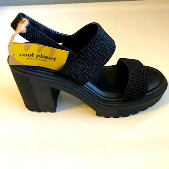 NWT STEVE MADDEN COOL PLANET Stem Black Vegan Fab Platform Block Heel Sandals 10