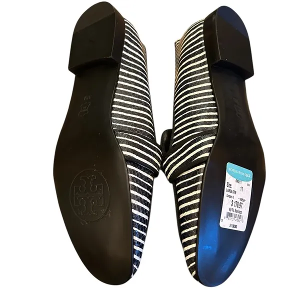 NWT Tory Burch Evette Dark Navy &amp; White Striped Snakeskin Loafers Size 11