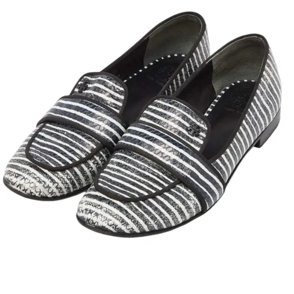 NWT Tory Burch Evette Dark Navy &amp; White Striped Snakeskin Loafers Size 11