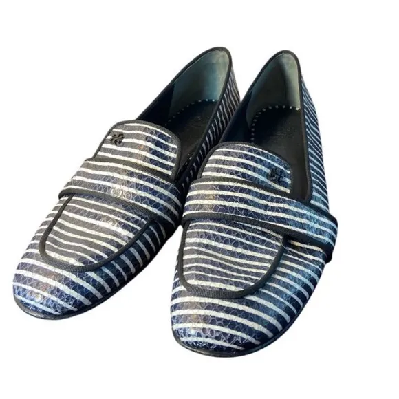 NWT Tory Burch Evette Dark Navy &amp; White Striped Snakeskin Loafers Size 11