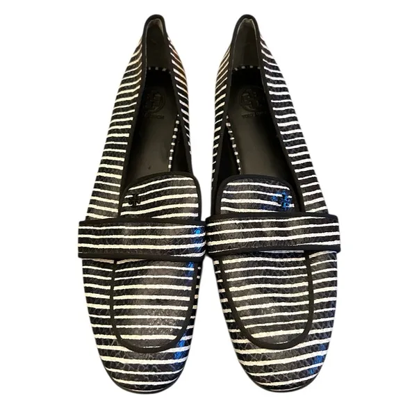 NWT Tory Burch Evette Dark Navy &amp; White Striped Snakeskin Loafers Size 11