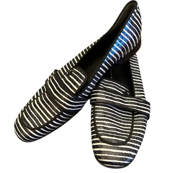 NWT Tory Burch Evette Dark Navy &amp; White Striped Snakeskin Loafers Size 11