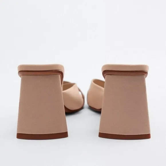 NWT. Zara Beige Heeled Crossed Strap Sandals with Block Heels. Size 9.