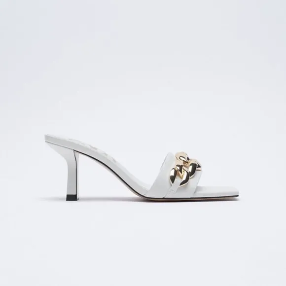 NWT. Zara Ecru Heeled Sandals with Chain. Size 11.