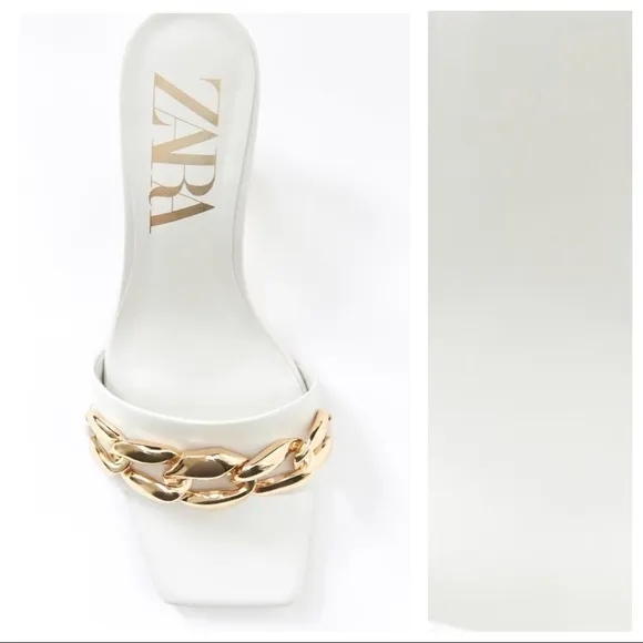 NWT. Zara Ecru Heeled Sandals with Chain. Size 11.