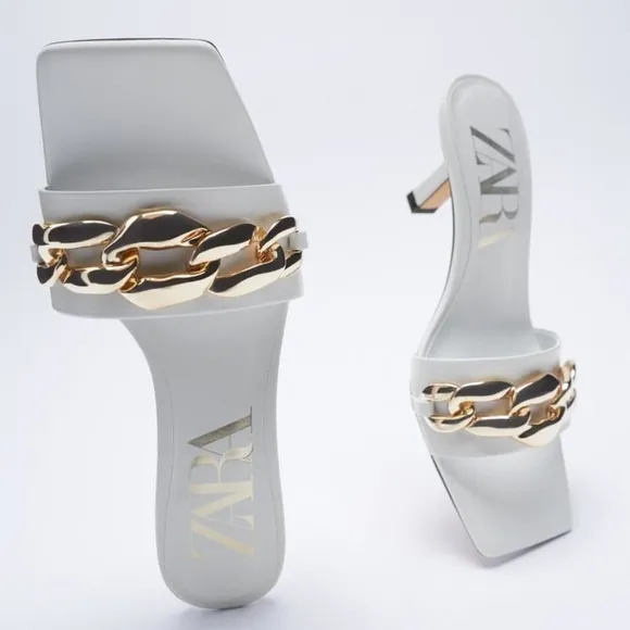 NWT. Zara Ecru Heeled Sandals with Chain. Size 11.