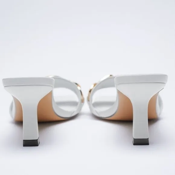 NWT. Zara Ecru Heeled Sandals with Chain. Size 11.
