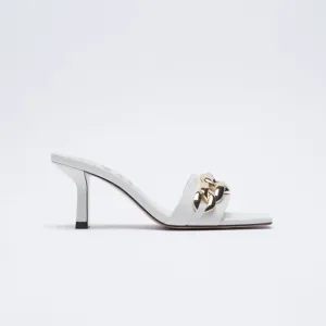 NWT. Zara Ecru Heeled Sandals with Chain. Size 11.