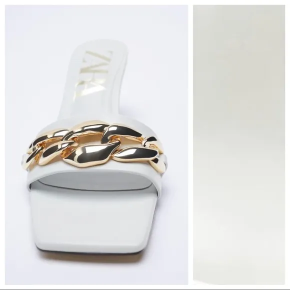 NWT. Zara Ecru Heeled Sandals with Chain. Size 11.