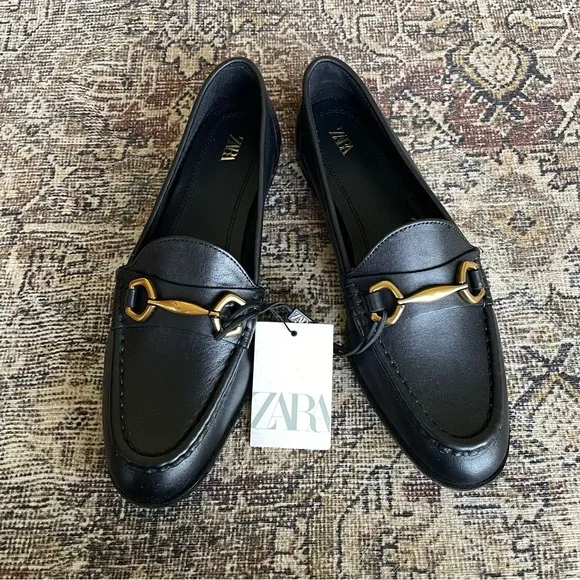 NWT Zara Leather Gold Hardware Loafers in Black - 7.5