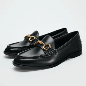 NWT Zara Leather Gold Hardware Loafers in Black - 7.5