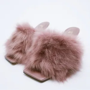 NWT Zara Mauve Faux Fur Square Toe Heeled Sandals 7.5 (38)