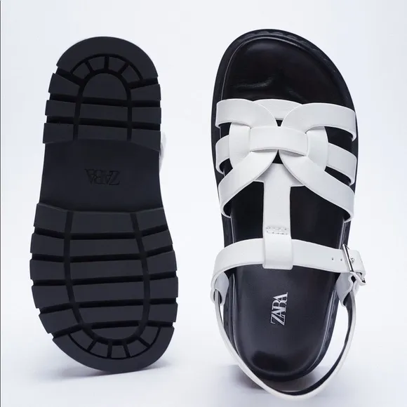 NWT. Zara White/Black Leather Treaded Sole Low Heel Fisherman Sandals. Size 9.