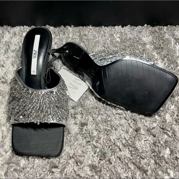 NWT Zara Sparkly Beaded Heeled Sandals