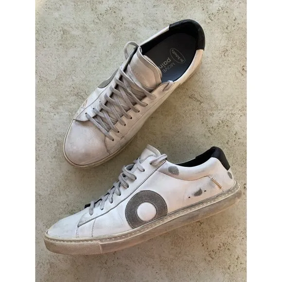 Oliver Cabell Mens White Distressed Leather Sneakers Side Circle Detail SZ 44 EU