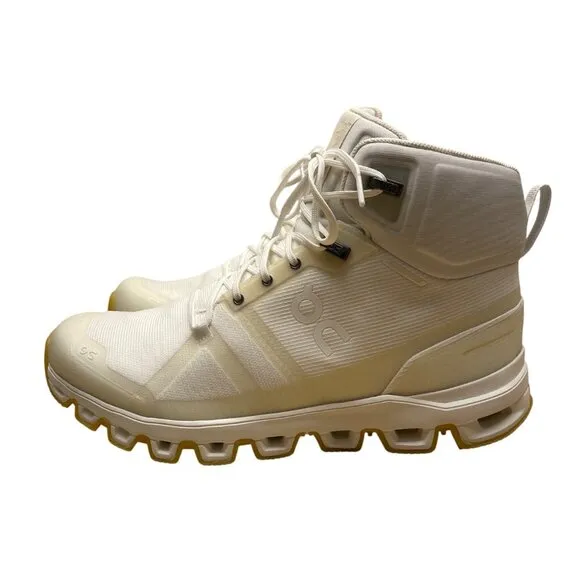 On Cloudrock Womens White/Yellow Waterproof Raw Edge Hiking Boots Size 9.5
